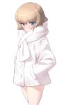  1girl blue_eyes blush closed_mouth girls_und_panzer hands_in_pockets highres jacket katyusha_(girls_und_panzer) kuzuryuu_kennosuke looking_at_viewer shiny_skin simple_background solo white_background white_jacket 