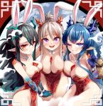  3: 3girls :d absurdres alternate_costume animal_ears arknights asymmetrical_docking bare_shoulders between_breasts black_hair blue_hair blue_skin blush braid breast_press breasts chinese_new_year chinese_zodiac cleavage closed_mouth collarbone colored_skin cowboy_shot dragon_girl dragon_horns dragon_tail dress dusk_(arknights) earrings fake_animal_ears fangs frown gourd gradient_skin green_hair green_skin grey_hair hair_rings hand_on_another&#039;s_shoulder highres hm_(hmongt) holding hongbao horns jewelry large_breasts leaning_forward ling_(arknights) long_hair looking_at_viewer medium_breasts multicolored_hair multiple_girls nian_(arknights) pelvic_curtain pointy_ears ponytail purple_eyes rabbit_ears red_dress red_eyes red_hair red_skin siblings sisters smile strapless strapless_dress streaked_hair tail tail_through_clothes two-tone_hair very_long_hair wavy_hair white_hair year_of_the_rabbit 