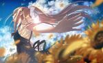  1girl air_(visual_novel) bangs black_dress blonde_hair blue_eyes blue_sky blurry blurry_foreground cloud commentary_request dress field flower flower_field furai highres kamio_misuzu long_hair outdoors petals pinafore_dress ponytail shirt short_sleeves sky solo sunflower white_shirt 