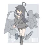  1girl adapted_turret ahoge bike_shorts black_hair black_serafuku black_socks cannon crescent crescent_pin full_body kantai_collection kneehighs long_hair machinery mikazuki_(kancolle) murabatodenki necktie school_uniform serafuku shorts shorts_under_skirt socks solo turret white_necktie yellow_eyes 