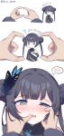  black_hair blue_archive blush butterfly_hair_ornament china_dress chinese_clothes coat double_bun dragon_print dress finger_in_another&#039;s_mouth grey_eyes hair_bun hair_ornament halo highres kiko_bomb kisaki_(blue_archive) long_hair pelvic_curtain twintails vertical-striped_coat 