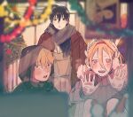  1girl 2boys black_hair black_hoodie blonde_hair blurry blurry_foreground blush brown_coat bunny_headphones chainsaw_man christmas coat cold denji_(chainsaw_man) fur-trimmed_hood fur_trim grey_scarf grey_sweater gurukousu hair_between_eyes headphones highres hood hoodie horns huffing long_hair looking_at_viewer multiple_boys open_mouth power_(chainsaw_man) red_horns scarf sharp_teeth short_hair smile sparkling_eyes sweater teeth window 