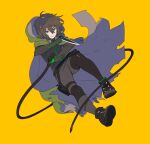  1boy black_footwear bodysuit brown_hair cape closed_mouth copyright_request enkyo_yuuichirou fighting_stance full_body green_cape green_eyes hair_between_eyes highres holding holding_whip hood hooded_cape looking_at_viewer male_focus medium_hair simple_background solo yellow_background 
