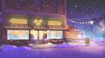  absurdres bare_tree cafe christmas english_commentary ground_vehicle highres lamppost lights mb0sco menu_board motor_vehicle neon_lights night no_humans official_art original outdoors picnic_table restaurant scenery semi_truck snow snowing table tree truck winter 