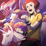  1boy afro belt black_choker black_pants brown_eyes choker clenched_hands collared_shirt commentary_request drifblim eko_(wk_egg) flint_(pokemon) highres infernape loose_belt male_focus open_mouth pants pokemon pokemon_(creature) pokemon_(game) pokemon_dppt rapidash red_background red_belt red_hair shirt short_hair short_sleeves teeth tongue wristband yellow_shirt 