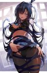  1girl absurdres bangs black_bra black_hair black_panties black_pantyhose black_ribbon blue_eyes blue_skirt bra breasts cowboy_shot hair_over_one_eye highres hirai_yuzuki lace lace_bra lace_panties large_breasts long_hair looking_at_viewer miniskirt navel open_clothes open_mouth open_shirt original panties panties_under_pantyhose pantyhose pleated_skirt ribbon shirt signature skirt snake solo underwear very_long_hair white_shirt white_snake wrapped_up 