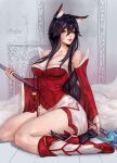  1girl ahri_(league_of_legends) animal_ear_fluff animal_ears artist_name bangs bare_shoulders bell black_hair braid braided_ponytail breasts collarbone detached_sleeves dress facial_mark fox_ears fox_girl fox_tail full_body holding holding_staff kumiho large_breasts league_of_legends long_bangs long_hair looking_at_viewer orange_eyes parted_lips red_dress red_lips short_dress sitting sleepingsol solo staff tail tassel thighs very_long_hair wariza whisker_markings 