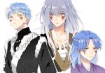  3boys abi_(akatsuki_no_yona) akatsuki_no_yona androgynous ao_(akatsuki_no_yona) black_jacket blue_hair facial_hair facial_mark grey_hair jacket korean_clothes long_sleeves multiple_boys short_hair sinha_(akatsuki_no_yona) stubble to_mi4922 white_background yellow_eyes 