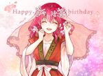  1girl akatsuki_no_yona aminyao blush cherry_blossoms closed_eyes facing_viewer flower hair_flower hair_ornament happy_birthday highres korean_clothes multicolored_background pink_background purple_background red_hair short_sleeves solo yona_(akatsuki_no_yona) 