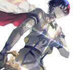  1boy alear_(fire_emblem) alear_(male)_(fire_emblem) belt black_belt blue_eyes blue_gloves blue_hair cape closed_mouth cowboy_shot fire_emblem fire_emblem_engage gloves heterochromia highres holding holding_sword holding_weapon jacket jewelry long_sleeves looking_away male_focus multicolored_hair pants red_eyes red_hair ring shiroi_(shiroicbe) shirt short_hair simple_background solo standing sword two-tone_hair weapon white_background white_cape white_jacket white_pants white_shirt 