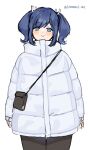  1girl bag black_pants blue_eyes blue_hair coat cowboy_shot jacket kantai_collection kozu_(bloomme1_me) long_hair official_alternate_costume pants simple_background solo souryuu_(kancolle) standing twintails twitter_username white_background white_jacket winter_clothes winter_coat 
