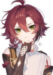  1boy ahoge bangs bare_shoulders blush bow brown_hair commentary detached_sleeves fingerless_gloves genshin_impact gloves green_eyes hair_between_eyes hair_strand hand_on_own_face hand_up highres long_sleeves looking_at_viewer mochizuki_mochi mole mole_under_eye red_bow shikanoin_heizou shirt short_hair sidelocks simple_background solo straight-on thinking upper_body v-shaped_eyebrows white_background white_shirt 