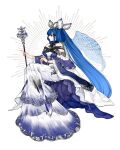  1girl angel_wings asymmetrical_wings blue_dress blue_hair bracelet crossed_legs crown detached_sleeves dizzy_(guilty_gear) dress ebi_pri_shrimp from_side gown guilty_gear hair_ribbon hair_rings high_heels invisible_chair jewelry long_hair looking_to_the_side off-shoulder_dress off_shoulder queen red_eyes ribbon sidelocks simple_background sitting solo staff tiara twintails white_background white_dress white_footwear white_ribbon wide_sleeves wings 