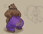  2023 anthro baby_bear_(puss_in_boots) bear belly big_belly big_butt biped black_nose bottomwear brown_body brown_fur butt clothing debudraws fur hi_res mammal pants puss_in_boots_(film) puss_in_boots_the_last_wish simple_background solo text text_on_bottomwear text_on_clothing text_on_pants 
