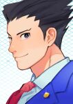  1boy ace_attorney badge black_hair blue_eyes blue_jacket button_badge cocked_eyebrow collared_shirt formal grid_background hair_slicked_back highres jacket looking_at_viewer male_focus necktie phoenix_wright portrait red_necktie shirt short_hair smirk solo somrk3 spiked_hair suit white_shirt 