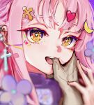  blue_archive colored_eyelashes cross cross_earrings earrings heart heart-shaped_pupils highres jewelry long_hair mika_(blue_archive) multicolored_eyes pink_hair sstthei sticker symbol-shaped_pupils yellow_eyes 