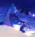  +_+ :d chinchou closed_mouth commentary_request eko_(wk_egg) glowing highres lapras looking_down night no_humans open_mouth outdoors pokemon pokemon_(creature) sand shore smile tongue water 