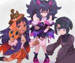  1boy 2girls @_@ ahoge allister_(fall_2022)_(pokemon) allister_(pokemon) allister_(pokemon)_(cosplay) brown_headwear chiimako cosplay costume_switch dark-skinned_female dark_skin dress fake_horns fake_tail fake_wings fangs hairband hex_maniac_(pokemon) hex_maniac_(pokemon)_(cosplay) horns iris_(fall_2022)_(pokemon) iris_(pokemon) iris_(pokemon)_(cosplay) looking_at_viewer mask mask_removed mole mole_under_mouth multiple_girls official_alternate_costume pokemon pokemon_(game) pokemon_masters_ex pokemon_xy purple_dress purple_eyes purple_footwear purple_hair skirt_hold smile sweat tail wings 