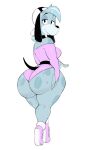  2023 absurd_res anthro big_butt blue_body blue_fur breasts butt canid canine canis clothed clothing domestic_dog female fur hat headgear headwear hi_res huge_butt looking_at_viewer looking_back looking_back_at_viewer mammal side_boob simple_background smile smiling_at_viewer solo standing thick_thighs usnarbit 