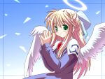  1girl angel_wings avatar_(eco) bangs blonde_hair blue_bow blue_dress blush bow closed_mouth dress emil_chronicle_online feathered_wings green_eyes hair_between_eyes hair_bow half_updo halo hands_up long_hair long_sleeves own_hands_together puffy_long_sleeves puffy_sleeves shinjou_satomi sidelocks smile solo split_mouth titania_(eco) white_wings wings 