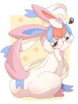  abstract_background annoyed blue_hair blush butt eeveelution eyewear female feral fur generation_6_pokemon glasses grey_eyes hair hi_res highlights_(coloring) human_to_feral kemono looking_back mammal nintendo penny_(pokemon) pink_body pink_fur pokemon pokemon_(species) red_hair ribbons_(anatomy) sitting solo species_transformation sylveon transformation ukan_muri white_body white_fur 