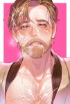  1boy beard blonde_hair blue_eyes blush cum cum_on_chest cum_on_hair facial facial_hair highres implied_yaoi male_focus mole mole_under_eye obi-wan_kenobi open_mouth pensan pink_background star_wars star_wars:_revenge_of_the_sith 