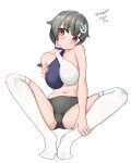  1girl absurdres bikini black_hair breasts cosplay criss-cross_halter dated full_body hair_flaps hair_ornament hairclip halterneck highres intrepid_(kancolle) intrepid_(kancolle)_(cosplay) invisible_chair jingei_(kancolle) kantai_collection large_breasts long_hair looking_at_viewer low_ponytail maru_(marg0613) mismatched_bikini red_eyes simple_background sitting solo spread_legs swimsuit thighhighs twitter_username whale_hair_ornament white_background white_thighhighs 