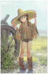  1girl alphonse_(white_datura) black_eyes black_hair blush boots braid closed_mouth cowboy_boots denim denim_shorts hair_between_eyes hat highres original poncho shorts smile solo sombrero standing twin_braids 