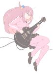  1girl black_footwear blue_eyes bocchi_the_rock! closed_mouth cube_hair_ornament electric_guitar enkyo_yuuichirou full_body gotou_hitori guitar hair_ornament highres holding holding_instrument instrument jacket long_hair long_sleeves miniskirt one_side_up pants pink_hair pink_jacket pink_pants pleated_skirt shoes simple_background skirt solo track_jacket white_background 