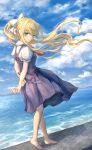  1girl air_(visual_novel) arms_behind_back ascot bangs barefoot black_dress blonde_hair blue_eyes blue_sky closed_mouth cloud commentary_request dress full_body highres holding_own_arm horizon kamio_misuzu kurau476 long_hair looking_at_viewer ocean outdoors ponytail red_ascot shirt short_sleeves sky solo summer white_shirt 