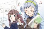  2girls alternate_costume asagumo_(kancolle) blue_coat brown_coat brown_hair closed_eyes coat commentary_request eighth_note food green_hairband grey_eyes grey_hair hair_ribbon hairband highres kantai_collection long_hair multiple_girls musical_note nagatsuki_sana one-hour_drawing_challenge paper ribbon sidelocks smile sweet_potato twintails undershirt upper_body wavy_hair yamagumo_(kancolle) 
