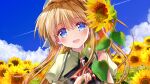  1girl :d air_(visual_novel) asahina_yori ascot bangs blonde_hair blue_eyes blue_sky cloud commentary_request contrail field flower flower_field holding holding_flower kamio_misuzu long_hair looking_at_viewer open_mouth outdoors red_ascot sky smile solo sunflower upper_body 