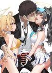  1boy 2girls absurdres ahoge animal_ears ass ass_grab assertive_female bar_censor bare_shoulders black_hair blonde_hair blue_archive blue_eyes blush breasts censored cheerleader cleavage cou_di_di dog_ears dog_girl dog_tail erection eyewear_on_head ffm_threesome french_kiss gloved_handjob gloves goggles goggles_on_head grabbing_another&#039;s_ass groping group_sex halo handjob hetero hibiki_(blue_archive) hibiki_(cheerleader)_(blue_archive) highres kiss kotori_(blue_archive) kotori_(cheerleader)_(blue_archive) long_hair medium_breasts midriff miniskirt multiple_girls official_alternate_costume open_fly open_mouth penis penis_out pleated_skirt skirt sunglasses tail threesome tongue tongue_out white_gloves white_skirt yellow_halo 