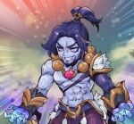  1boy abs ball bangs bead_necklace beads belt black_hair colored_skin cowboy_shot fur-trimmed_armor grey_eyes grey_skin grin jewelry league_of_legends looking_to_the_side lunar_wraith_sylas male_focus multicolored_background navel necklace pants parted_bangs phantom_ix_row ponytail shiny_skin sideways_glance single_sleeve smile sylas_(league_of_legends) teeth 