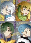  4boys akatsuki_no_yona blonde_hair blue_eyes blue_hair closed_mouth green_hair highres jeaha_(akatsuki_no_yona) kija_(akatsuki_no_yona) long_hair looking_at_viewer low_ponytail male_focus multiple_boys open_mouth purple_eyes short_hair sinha_(akatsuki_no_yona) to_mi4922 yellow_eyes zeno_(akatsuki_no_yona) 