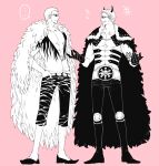  ... 2boys black_coat black_gloves blonde_hair c_(kkmr24) capri_pants character_request coat donquixote_doflamingo earrings feather_coat full_body fur_coat fur_trim gloves goggles greyscale hand_in_pocket jewelry leather leg_hair looking_at_another monochrome multiple_boys muscular muscular_male necklace nervous_smile one_piece open_clothes pants pink_background short_hair skull_and_crossbones smile sunglasses white-framed_eyewear 