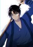  1boy akatsuki_no_yona black_hair blood blood_on_face blue_eyes blue_robe facing_viewer hak_(akatsuki_no_yona) highres holding holding_weapon jewelry korean_clothes long_sleeves looking_down male_focus necklace robe short_hair solo to_mi4922 weapon white_background 