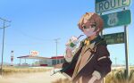  1boy brown_hair brown_jacket cactus character_request commission copyright_request cup day disposable_cup drinking_straw gas_station green_eyes green_hair highres holding holding_cup jacket jl_tan looking_at_viewer male_focus multicolored_hair outdoors pixiv_commission power_lines route_66 sign solo streaked_hair upper_body utility_pole virtual_youtuber 