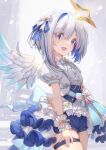  1girl absurdres amane_kanata angel_wings asymmetrical_bangs bangs blue_eyes blue_hair blue_wings blush bow colored_inner_hair eyes_visible_through_hair feathered_wings frills gradient_wings grey_hair hair_bow hair_over_one_eye hair_ribbon halo highres hololive juu_p looking_at_viewer medium_hair mini_wings multicolored_hair multicolored_wings open_mouth pink_hair puffy_short_sleeves puffy_sleeves ribbon short_sleeves sidelocks single_hair_intake smile solo star_halo streaked_hair swept_bangs thigh_strap virtual_youtuber white_wings wings wrist_cuffs 