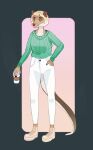  anthro beverage blonde_hair bottomwear clothed clothing euplerid female footwear fossa front_view full-length_portrait fully_clothed fur glistening glistening_eyes green_clothing green_topwear hair hi_res holding_beverage holding_object looking_at_viewer mammal pants portrait roobin shoes simple_background solo standing tan_body tan_fur topwear white_bottomwear white_clothing white_pants 