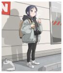  1girl :t backpack bag baozi black_hair blue_eyes bottle camera eating food highres holding holding_bottle holding_food hood hoodie imocool jacket kurosaki_honoka outdoors short_hair solo yama_no_susume 