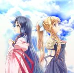  2girls air_(visual_novel) arms_behind_back back-to-back black_dress blonde_hair blue_eyes blue_hair blue_sky bow breasts closed_mouth cloud commentary_request dress hair_bow kamio_misuzu kannabi_no_mikoto long_hair multiple_girls outdoors own_hands_together ponytail ribbon-trimmed_sleeves ribbon_trim sky smile upper_body white_bow wide_sleeves yuzuki_karin 