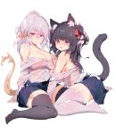  2girls absurdres animal_ear_fluff animal_ears asymmetrical_legwear avatar_(ff14) bangs between_legs black_hair blue_skirt blush breasts cat_ears cat_girl cat_tail closed_mouth clothes_pull crossed_bangs dragon_girl dragon_horns dragon_tail facial_mark fang feet final_fantasy final_fantasy_xiv full_body glasses grey_eyes grey_thighhighs hair_over_shoulder hair_ribbon hand_between_legs hand_up high_ponytail highres horns kneeling large_breasts long_hair long_sleeves looking_at_viewer medium_hair miniskirt miqo&#039;te mole mole_under_eye multiple_girls no_shoes off_shoulder open_mouth original pleated_skirt red_eyes red_ribbon ribbon shirt shirt_pull sidelocks simple_background sitting skin_fang skirt soles tail tail_raised thighhighs thighs toes tongue two_side_up wariza wet wet_clothes wet_shirt whisker_markings white_background white_hair white_shirt white_thighhighs yuri zettai_ryouiki zhazhapao 