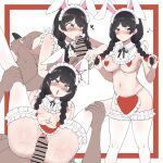  1girl 69 ambulocetus animal_ears apron ass bangs bar_censor bare_shoulders black_hair black_ribbon blush border bow braid breasts censored character_request commentary copyright_request covered_nipples cowboy_shot cum cum_in_mouth dark-skinned_male dark_skin ejaculation erection fake_animal_ears fellatio frilled_apron frilled_sleeves frilled_thighhighs frills full_nelson hair_bow heart heart_pasties highres long_hair looking_at_viewer lying lying_on_person maid_apron maid_headdress male_pubic_hair medium_breasts multiple_views navel nearly_naked_apron neck_ribbon nipples on_stomach open_mouth oral parted_lips pasties penis pubic_hair purple_eyes pussy pussy_juice rabbit_ears red_apron red_border red_bow red_pasties revealing_clothes reverse_suspended_congress ribbon side_braids simple_background stomach stomach_bulge symbol-only_commentary thighhighs tongue twin_braids waist_apron waitress white_background white_thighhighs 