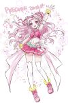  1girl back_bow bow clover_earrings commentary_request cone_hair_bun crop_top cure_yell full_body hair_bun hair_ornament heart heart_hair_ornament heart_pouch highres hugtto!_precure long_hair midriff navel nono_hana okayashi open_mouth pink_bow pink_eyes pink_footwear pink_hair pink_skirt pom_pom_(cheerleading) precure short_bangs skirt smile solo thighhighs white_thighhighs 