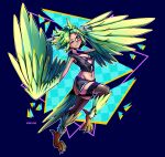  1girl absurdres artist_name bird_legs black_thighhighs breasts cleavage commentary commission dolphin_shorts english_commentary feathered_wings feathers front-tie_bra green_feathers green_hair green_wings harpy head_wings highres jacket looking_at_viewer midriff monster_girl navel one_eye_closed open_clothes open_jacket original pinkpio1 shorts sleeveless sleeveless_jacket small_breasts solo talons thighhighs winged_arms wings yellow_eyes 