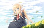  1girl air_(visual_novel) ascot bangs blonde_hair blue_eyes blue_sky closed_mouth cloud dandelion flower highres juliet_sleeves kamio_misuzu long_hair long_sleeves looking_at_viewer outdoors ponytail puffy_sleeves red_ascot sidelocks sitting sky smile solo usacchi_(deep_marine) 