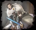  2boys armor artist_name beard belt brown_hair cape facial_hair father_and_son fighting fur_cape gloves height_difference holding holding_sword holding_weapon male_focus multiple_boys mustache niyasu open_mouth scratches serenoa_wolffort sketch sword symon_wolffort triangle_strategy weapon 