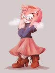  1girl amy_rose animal_ears animal_nose blue_hoodie blush bow brown_bow brown_footwear brown_shirt commentary_request eyelashes footwear_bow full_body furry furry_female glasses gloves green_eyes grey_background hairband hands_up hedgehog_ears hedgehog_girl hood hoodie long_sleeves looking_at_viewer open_mouth own_hands_together pink_fur pink_gloves pink_skirt puffy_long_sleeves puffy_sleeves red_hairband shadow shirt simple_background skirt smile socks solo sonic_(series) standing steam t_akiko teeth tongue white_socks 