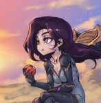  1girl bangs black_bodysuit bodysuit breasts cleavage cloud collarbone detached_wings eating facial_mark food grey_bodysuit kai&#039;sa league_of_legends long_hair outdoors phantom_ix_row purple_eyes purple_hair sitting sky solo star_(sky) starry_sky wings 